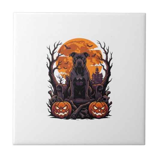 Halloween Schwarzer Pitbull Thron Kürbisse Vollmon Fliese (Vorderseite)