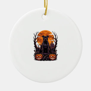 Halloween Schwarzer Pitbull Thron Kürbisse Vollmon Keramik Ornament