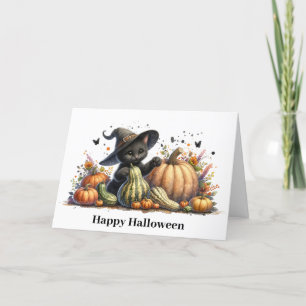 Halloween schwarzes Hexen-Kätzchen mit Kürbissen u Feiertagskarte