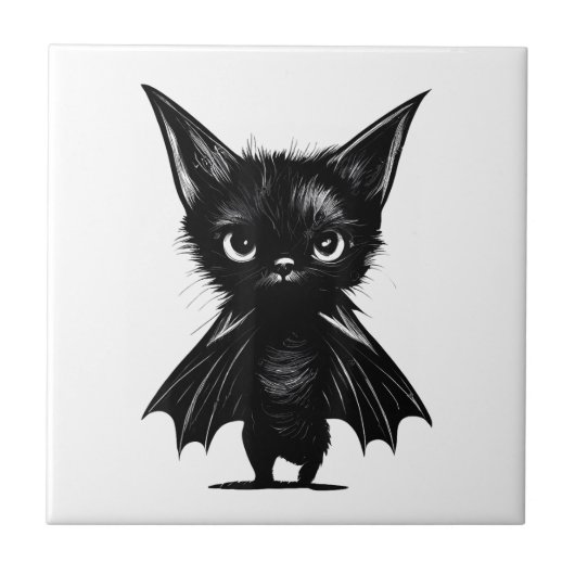 Halloween Schwarzes Kätzchen in Bat-Kostüm Fliese (Vorderseite)