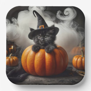Halloween schwarzes Kätzchen in Kürbis Pappteller