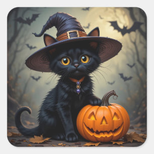Halloween Schwarzes Kätzchen Kürbis Hexenhut Süße  Quadratischer Aufkleber