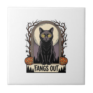 Halloween-Schwarzes-Katzen-Shirt-Vintage-Reißzähne Fliese