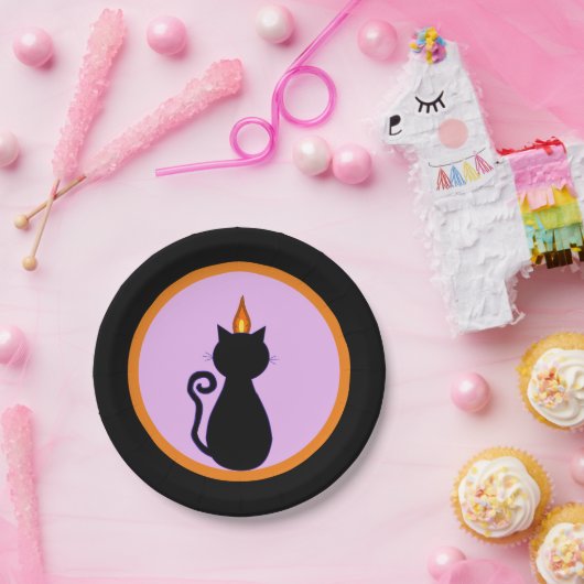 Halloween-Schwarzkatze auf schwarz, violett & oran Pappteller (Party)