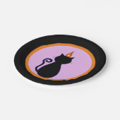 Halloween-Schwarzkatze auf schwarz, violett & oran Pappteller (Schrägansicht)