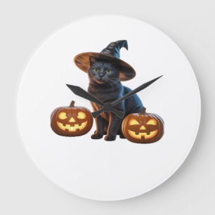 Halloween-Schwarzkatzen-Magie-Klassiker-T-Shirt Große Wanduhr
