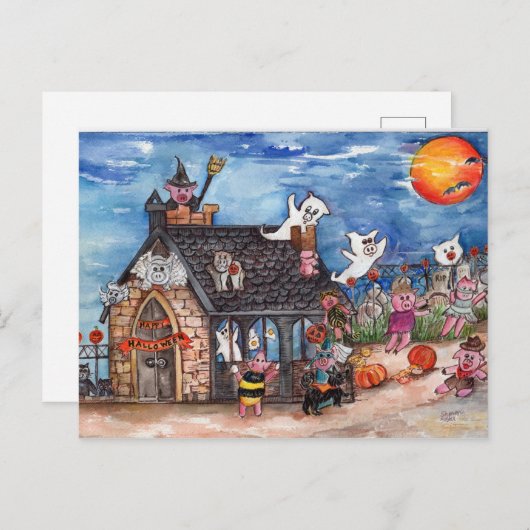 Halloween Schweintrick oder Treat, Geisterwasserfa Postkarte (Vorne/Hinten)