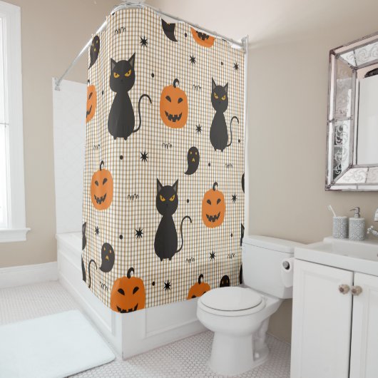 Halloween seamless pattern with black cat and ghos duschvorhang (Beispiel)