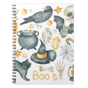 Halloween-Set: Fledermaus, schwarze Katze, Spinne, Notizblock