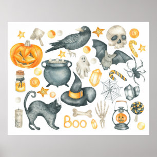 Halloween-Set: Fledermaus, Schwarze Katze, Spinne, Poster