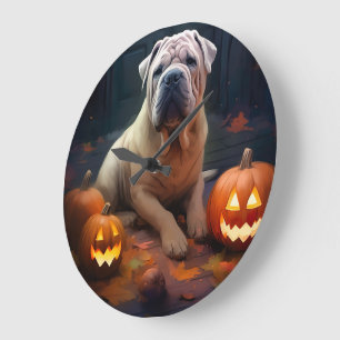 Halloween Shar Pei mit Kürbissen Gruselig Große Wanduhr