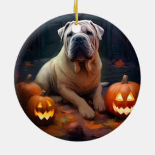 Halloween Shar Pei mit Kürbissen Gruselig Keramik Ornament
