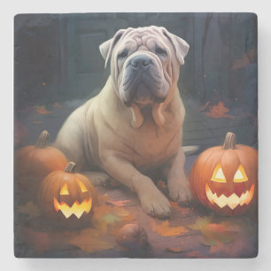 Halloween Shar Pei mit Kürbissen Gruselig Steinuntersetzer