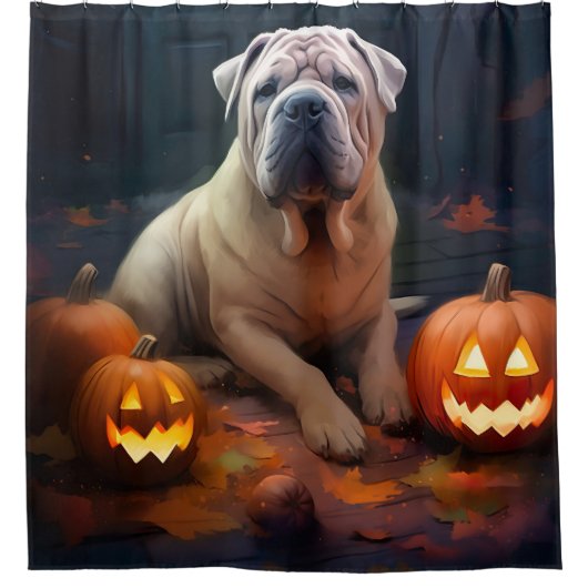 Halloween Shar Pei mit Pumpkins Beängstigend Duschvorhang (Vorderseite)