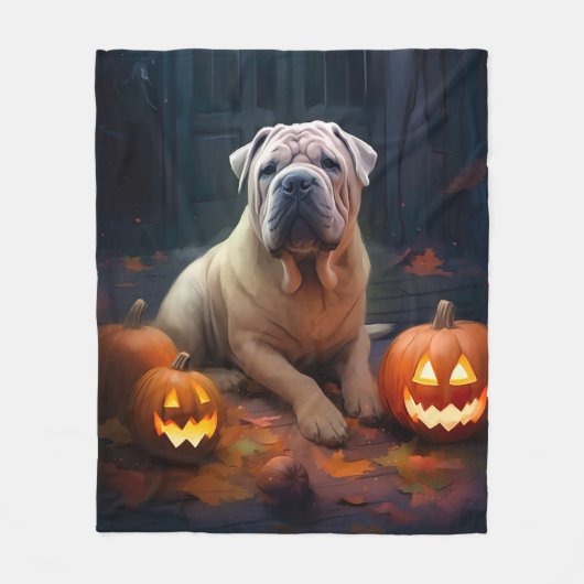 Halloween Shar Pei mit Pumpkins Beängstigend Fleecedecke (Vorderseite)