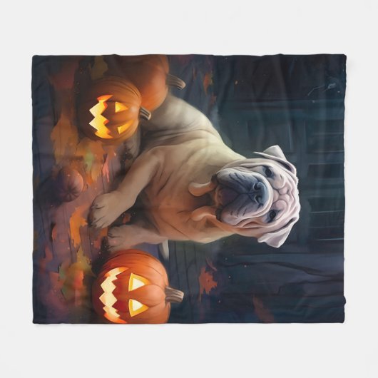 Halloween Shar Pei mit Pumpkins Beängstigend Fleecedecke (Vorderseite (Horizontal))