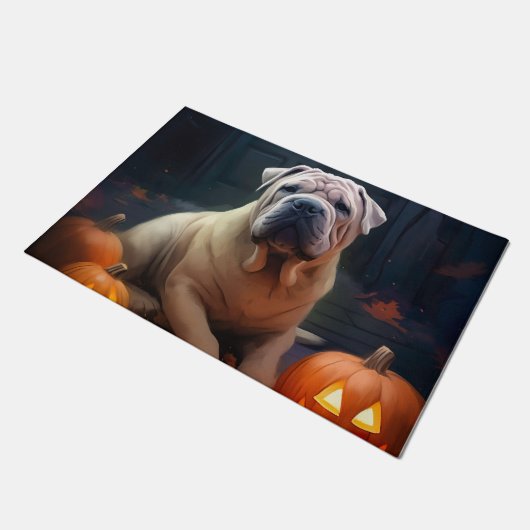 Halloween Shar Pei mit Pumpkins Beängstigend Fußmatte (Schrägansicht)