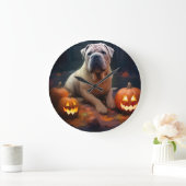 Halloween Shar Pei mit Pumpkins Beängstigend Große Wanduhr (Zuhause)