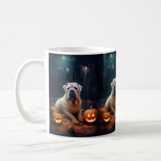 Halloween Shar Pei mit Pumpkins Beängstigend Kaffeetasse (Links)