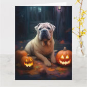 Halloween Shar Pei mit Pumpkins Beängstigend Karte (Gelbe Blume)
