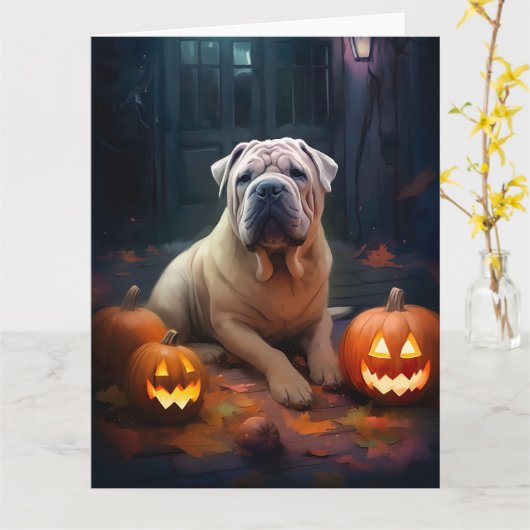 Halloween Shar Pei mit Pumpkins Beängstigend Karte (Gelbe Blume)