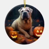 Halloween Shar Pei mit Pumpkins Beängstigend Keramik Ornament (Vorne)