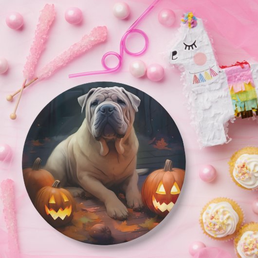 Halloween Shar Pei mit Pumpkins Beängstigend Pappteller (Party)