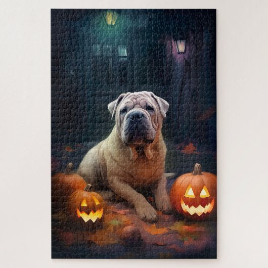 Halloween Shar Pei mit Pumpkins Beängstigend Puzzle (Vertikal)