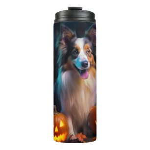 Halloween Shetland-Schäferhund mit Kürbissen Gruse Thermosbecher