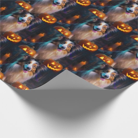 Halloween Shetland Sheepdog mit Pumpkins Beängstig Geschenkpapier (Ecke)