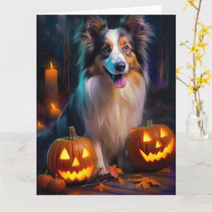 Halloween Shetland Sheepdog mit Pumpkins Beängstig Karte