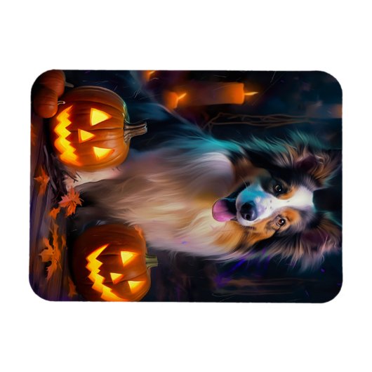 Halloween Shetland Sheepdog mit Pumpkins Beängstig Magnet (Horizontal)