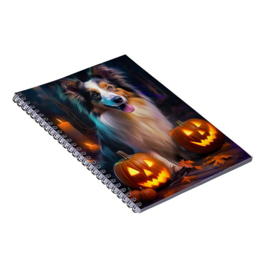 Halloween Shetland Sheepdog mit Pumpkins Beängstig Notizblock (Rechte Seite)