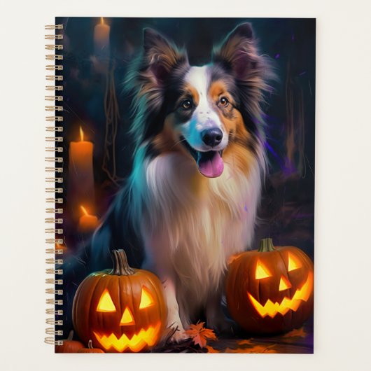 Halloween Shetland Sheepdog mit Pumpkins Beängstig Planer (Vorderseite)