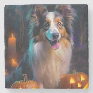 Halloween Shetland Sheepdog mit Pumpkins Beängstig Steinuntersetzer