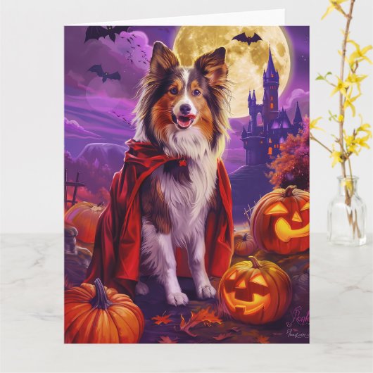 Halloween Shetland Sheepdog Vampire Pumpkins Beäng Karte (Gelbe Blume)