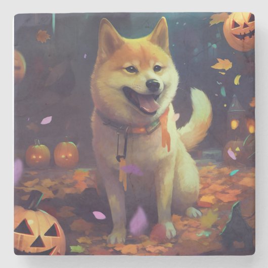 Halloween Shiba Inu mit Pumpkins Beängstigend Steinuntersetzer (Vorderseite)