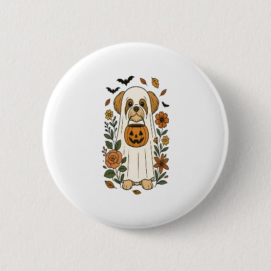 Halloween Shih Tzu mit Herbst-Blume Button (Vorderseite)