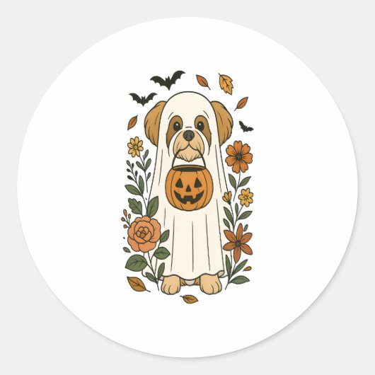 Halloween Shih Tzu mit Herbst-Blume Runder Aufkleber (Vorderseite)