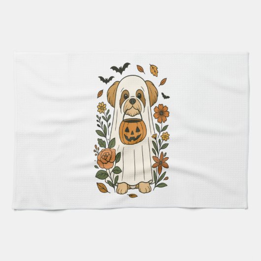 Halloween Shih Tzu mit Herbstblumen Geschirrtuch (Horizontal)