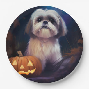 Halloween Shih Tzu mit Kürbissen Gruselig Pappteller