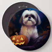 Halloween Shih Tzu mit Pumpkins Beängstigend Button (Vorne & Hinten)