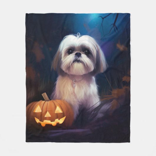 Halloween Shih Tzu mit Pumpkins Beängstigend Fleecedecke (Vorderseite)