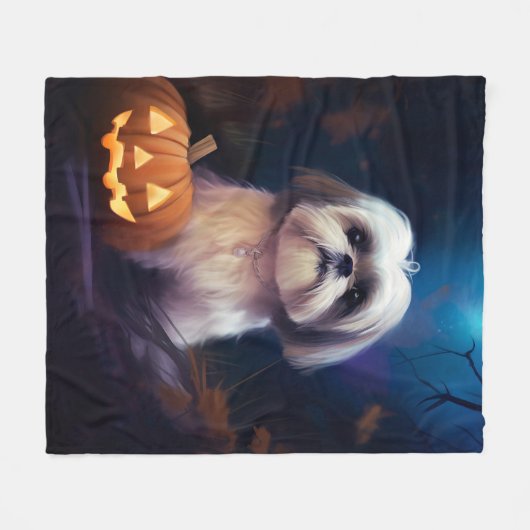 Halloween Shih Tzu mit Pumpkins Beängstigend Fleecedecke (Vorderseite (Horizontal))