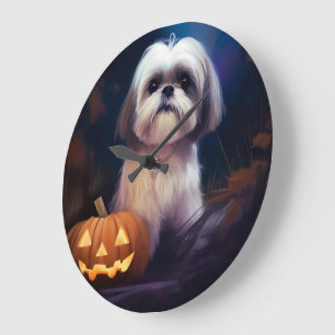 Halloween Shih Tzu mit Pumpkins Beängstigend Große Wanduhr