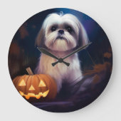 Halloween Shih Tzu mit Pumpkins Beängstigend Große Wanduhr (Vorderseite)