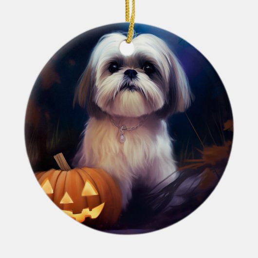 Halloween Shih Tzu mit Pumpkins Beängstigend Keramik Ornament (Vorne)