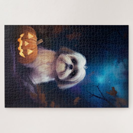 Halloween Shih Tzu mit Pumpkins Beängstigend Puzzle (Horizontal)