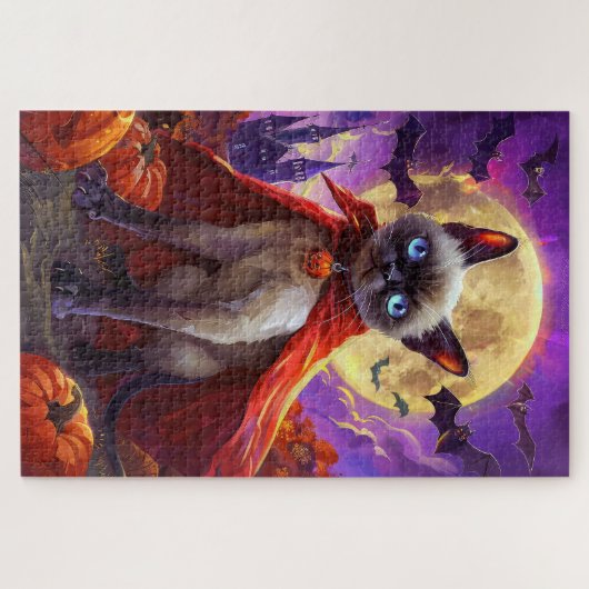 Halloween Siamese Cat Vampire Pumpkins Beängstigen Puzzle (Horizontal)