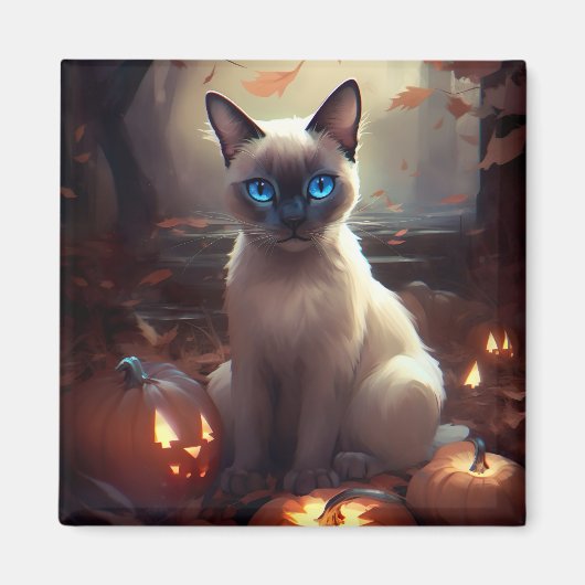 Halloween Siamkatze mit Pumpkins Beängstigend Magnet (Vorne)